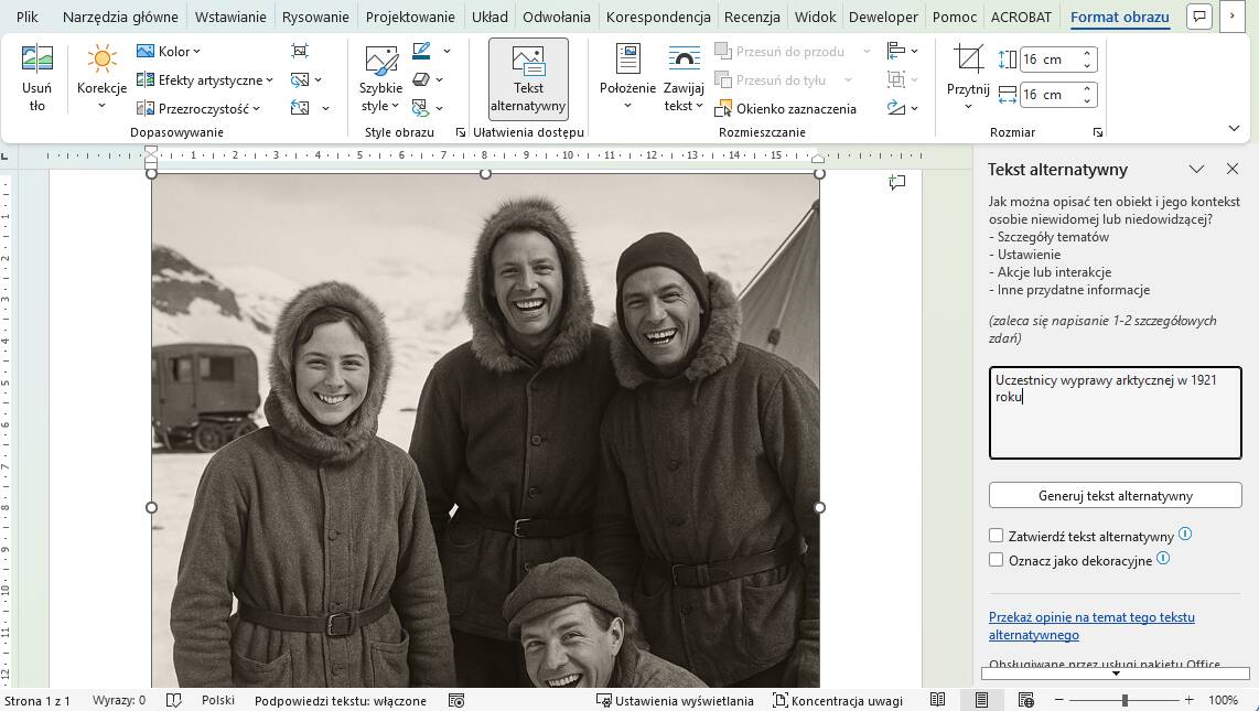 Karta "format obrazu" w MS Word z opcją dodania tekstu alternatywnego obrazka.