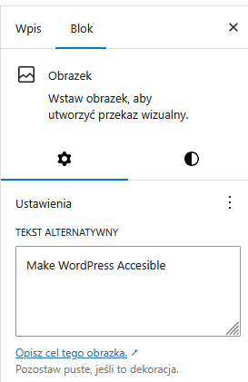 Pole tekstu alternatywnego  we właściwościach bloku. Edytor Gutenberg